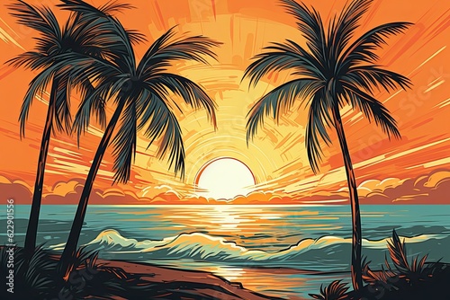 The sky holds a beautiful sunset over palm trees and the ocean. (Generative AI)
