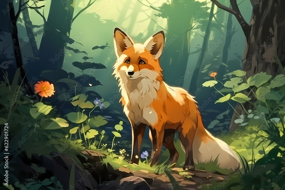 a fox is looking for prey anime style