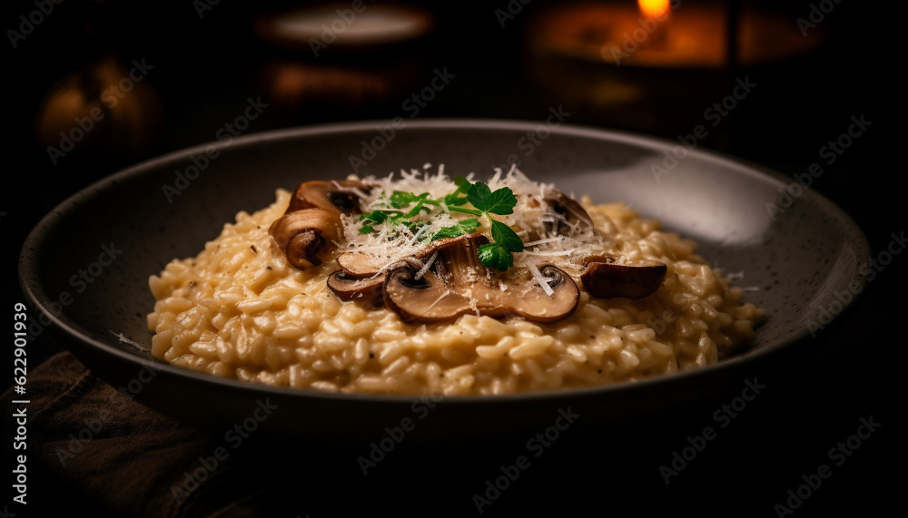 Healthy risotto meal with edible mushrooms and parsley generated by AI Healthy risotto meal with edible mushrooms and parsley generated by AI
