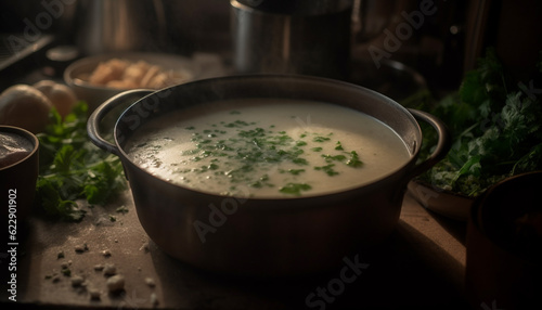Healthy vegetarian soup, fresh herbs, rustic bowl generated by AI