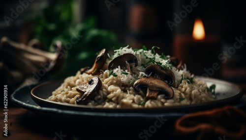 Rustic risotto plate with fresh seafood and herbs generated by AI