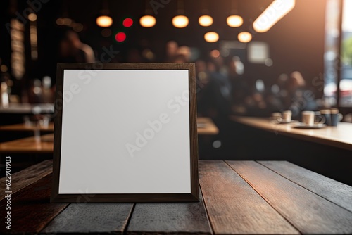 wooden table with a blank picture frame standing on it. Generative AI © 2rogan