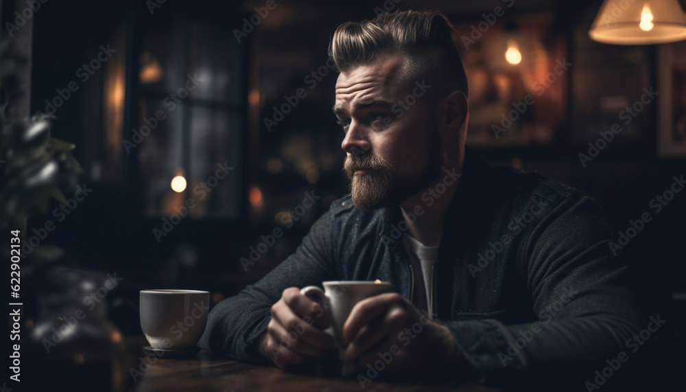 Bearded man enjoys coffee break indoors at night generated by AI Bearded man enjoys coffee break indoors at night generated by AI