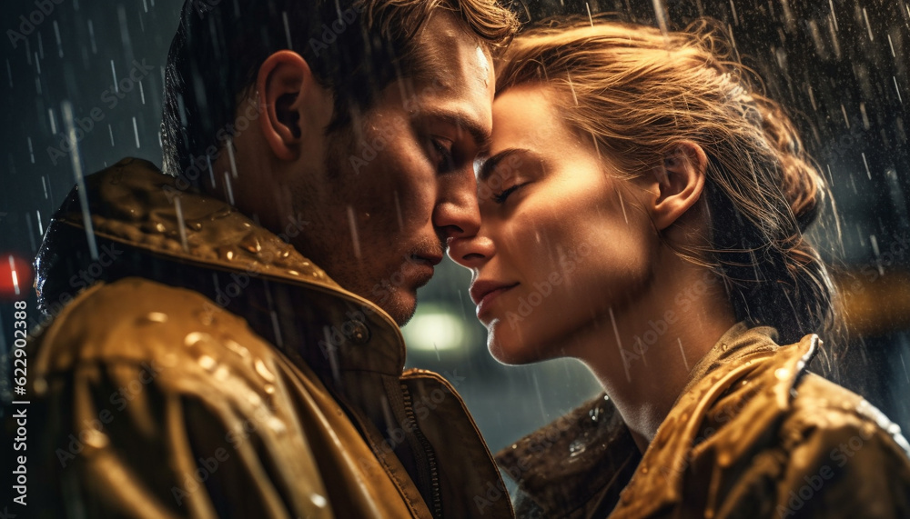 Wet couple embraces in rain, love generated by AI
