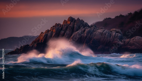 Sunrise over majestic coastline  crashing waves awe generated by AI
