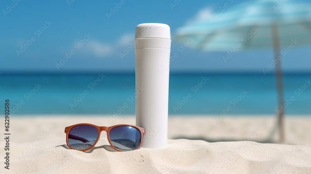 Blank empty white plastic tube. Sunscreen lotion on a sandy beach, summer composition with sunglasses, blue sea as background, copy space. Summer vacation and skin care concept, AI Generative