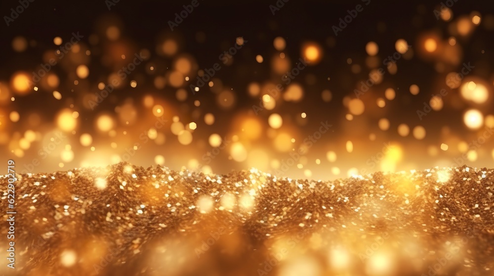 Abstract luxury gold background with gold particles. glitter vintage lights background. Christmas Golden light shine particles bokeh on dark background. Gold foil texture. Holiday.  AI Generative