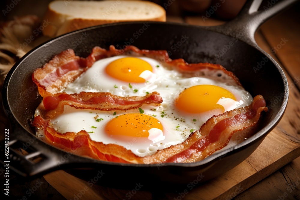 Bacon and eggs in a pan. Composition with tasty fried eggs and bacon on wooden table. AI Generative Bacon and eggs in a pan. Composition with tasty fried eggs and bacon on wooden table. AI Generative
