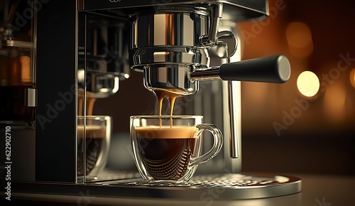 A professional coffee machine preparing an espresso coffee in a glass cup, AI Generative