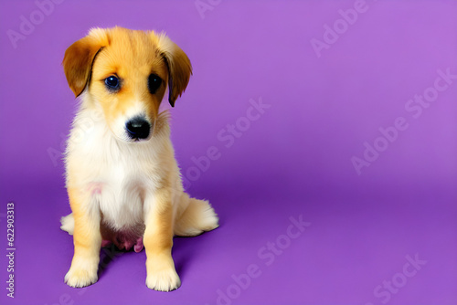 Make me a picture of a puppy sitting on a purple background Generative AI