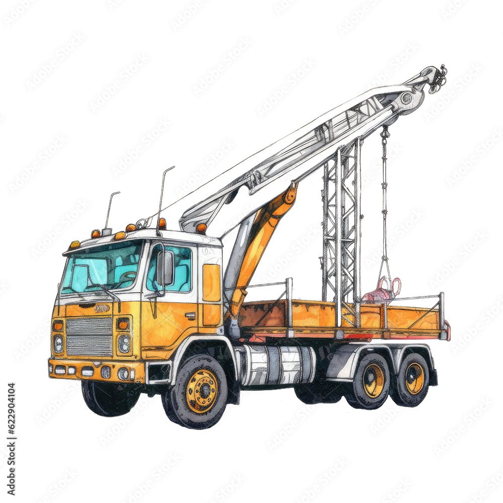 Truck crane in cartoon style for kids. Watercolor construction machines, transparent background