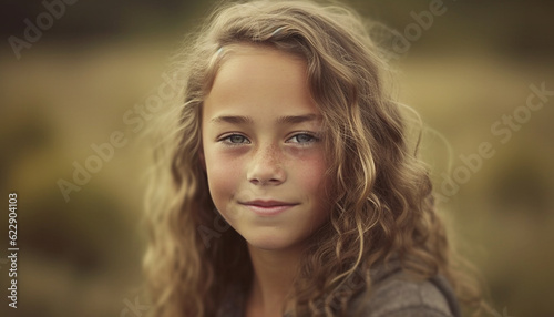 Cute Caucasian girl smiling, enjoying nature beauty generated by AI