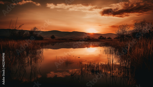 Sunrise reflection on tranquil pond, nature beauty generated by AI