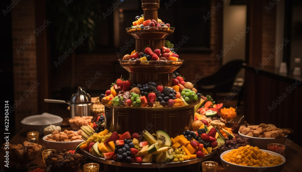 Gourmet buffet with fresh fruit and chocolate generated by AI Gourmet buffet with fresh fruit and chocolate generated by AI