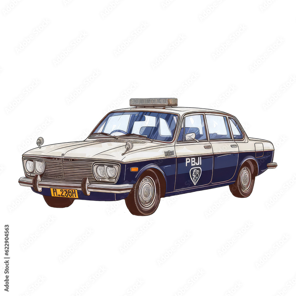 Watercolor Illustration of police car isolated on transparent background.