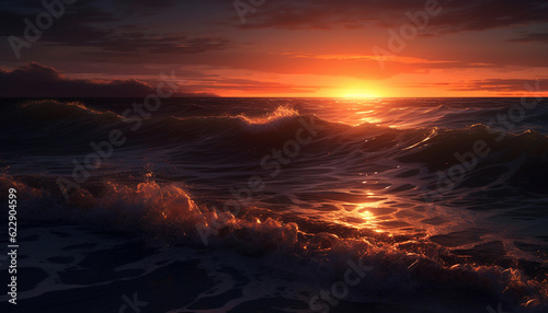 Sunrise over tranquil seascape, nature beauty reflected generated by AI