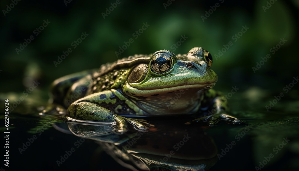 Fototapeta premium Green toad sitting on wet pond leaf generated by AI