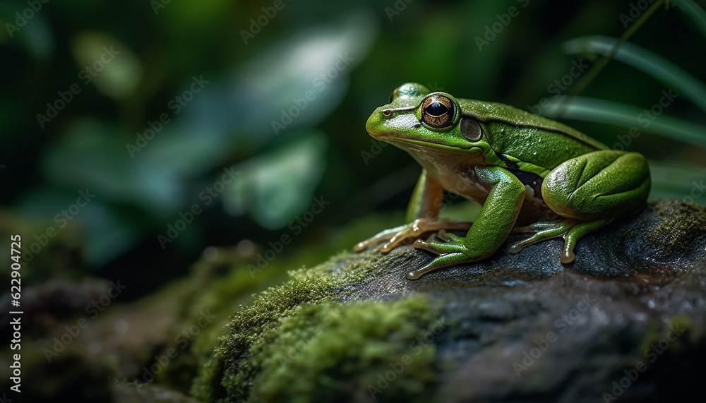 Slimy toad sitting on wet leaf, looking generated by AI Slimy toad sitting on wet leaf, looking generated by AI