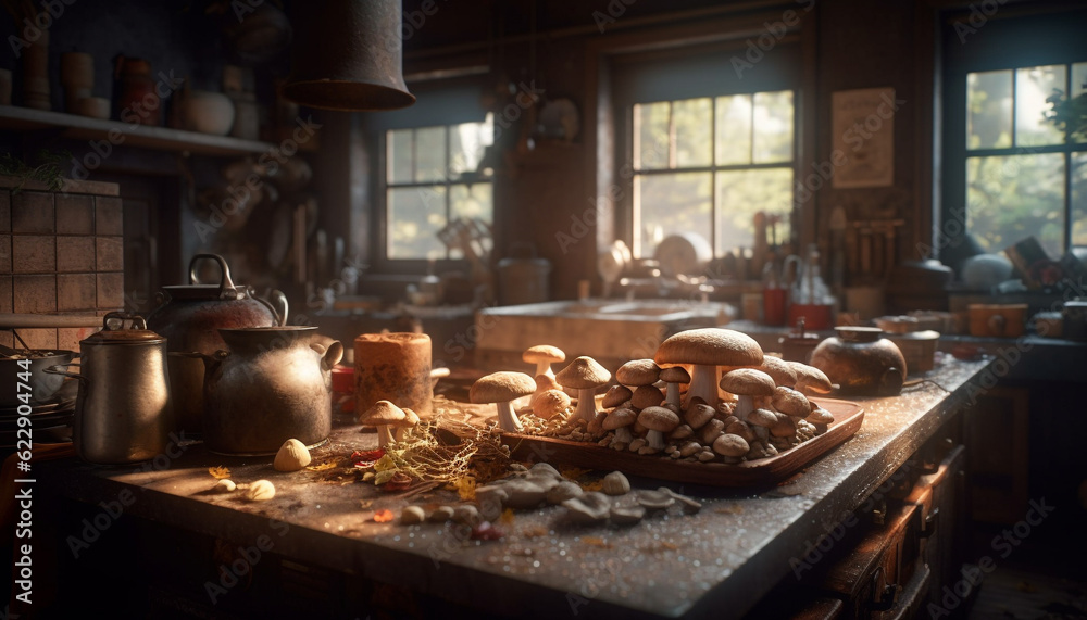Rustic kitchen table, homemade meal, fresh ingredients generated by AI