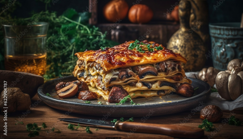 Rustic homemade lasagna baked on wood plate generated by AI
