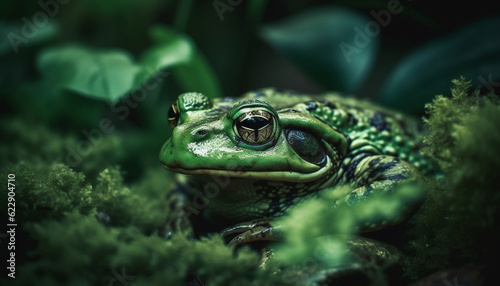 Green toad sitting on wet leaf, looking generated by AI
