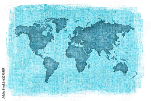 World map over organic burlap texture
