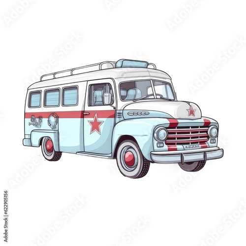 Ambulance car. Watercolor illustration of an ambulance paramedic. Ambulance medical evacuation isolated on transparent background. Drawn by hand.