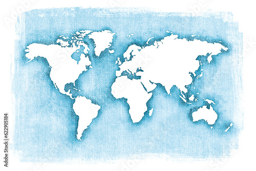 Cool blue world map over organic burlap texture
