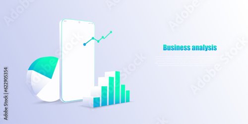 Business analysis online application on mobile. Dashboard app with business analytics data, charts, investment, trade and finance management. Vector illustration