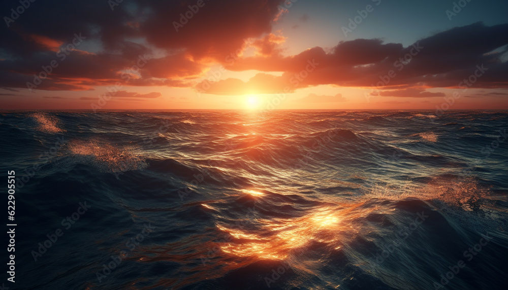 Sunset over tranquil seascape, a tropical paradise generated by AI