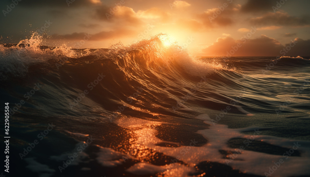 Sunrise over the coast, waves splashing idyllically generated by AI