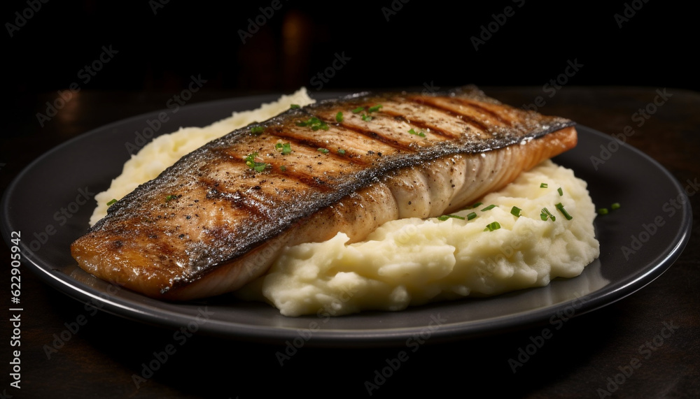 Grilled fillet and seafood on healthy plate generated by AI Grilled fillet and seafood on healthy plate generated by AI