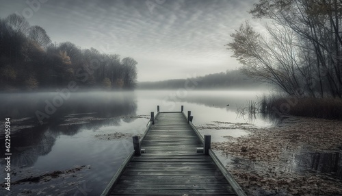 Tranquil scene of reflection on foggy pond generated by AI © grgroup