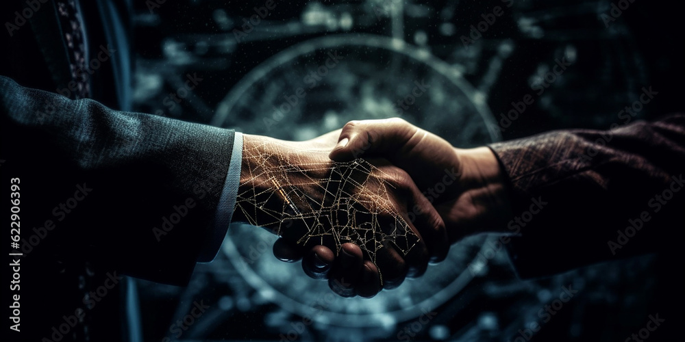 An image of a handshake of two men, in a futuristic style. Generative AI