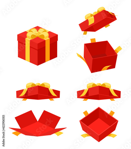 Open and close a mystery Red gift box with a yellow ribbon on white background. Random secret loot box isometric concept. Vector illustration cartoon flat design.