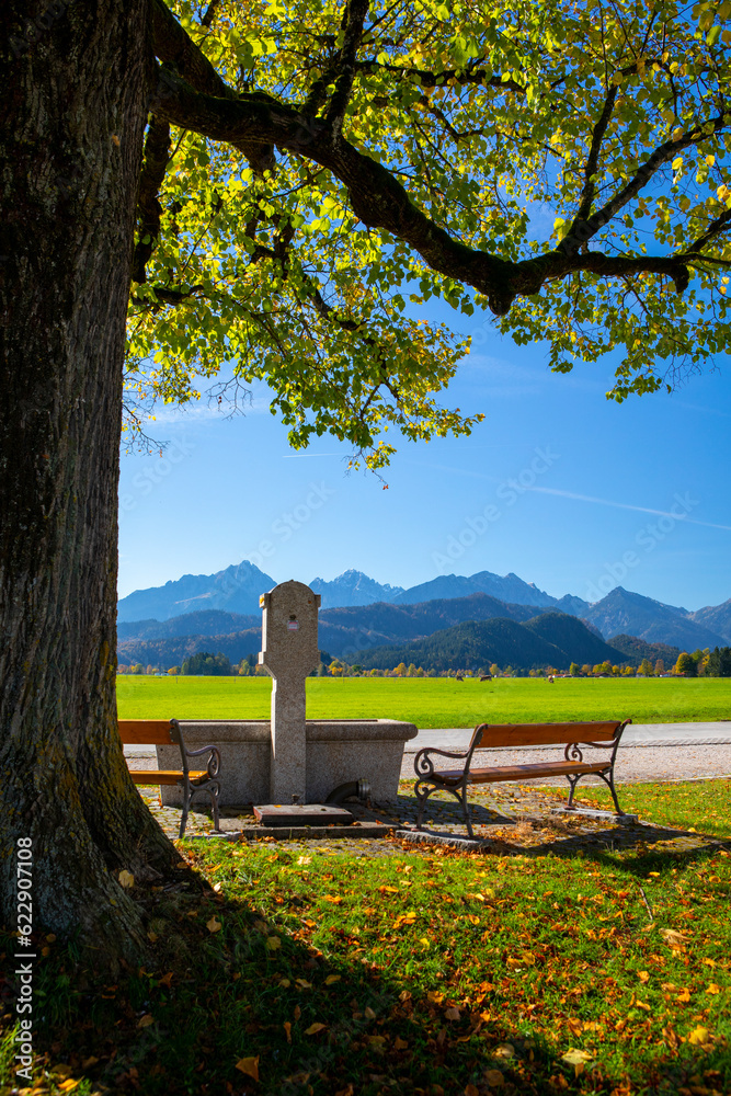 Germany, Bavaria, Schwangau town, church, big tree, faucet, pool Germany, Bavaria, Schwangau town, church, big tree, faucet, pool