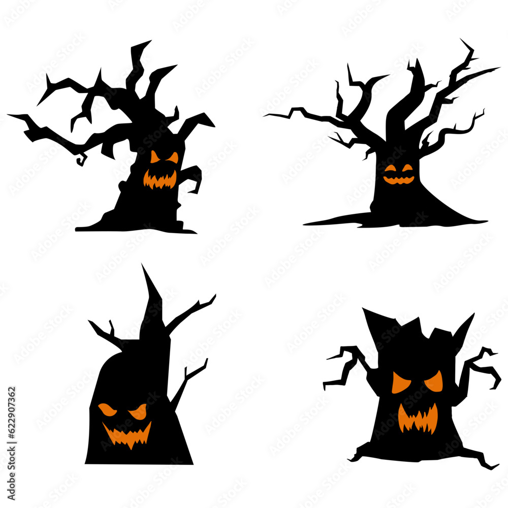 Tree Halloween.Black trees silhouette on white background for design decoration.Vector Illustration