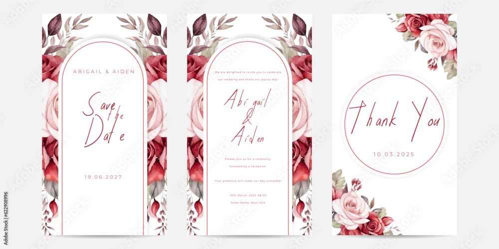 Naklejka premium Wedding invitation with watercolor dahlias and rose