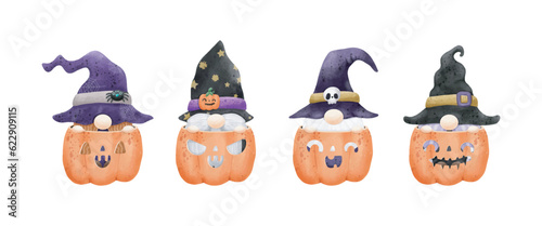 set of collection Watercolor cute gnome in pumpkin happy Halloween party vector illustration on white background 