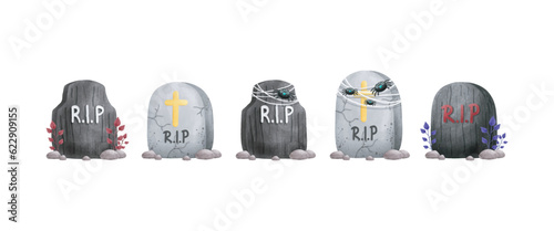 set of collection Gravestone rip with cute ghost Halloween rip watercolor vector illustration element on white background