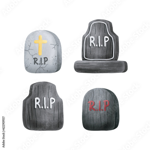 set of collection Gravestone rip with cute ghost Halloween rip watercolor vector illustration element on white background