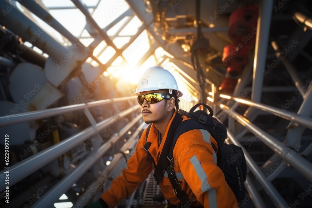 Oil and gas industry workers climb aboard a pressurized gas vessel to inspect the oil and gas dehydration process on top of the vessel. oil rig worker Oil and gas industry workers climb aboard a pressurized gas vessel to inspect the oil and gas dehydration process on top of the vessel. oil rig worker
