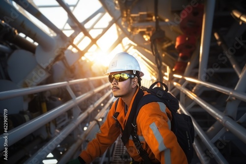 Oil and gas industry workers climb aboard a pressurized gas vessel to inspect the oil and gas dehydration process on top of the vessel. oil rig worker © sirisakboakaew