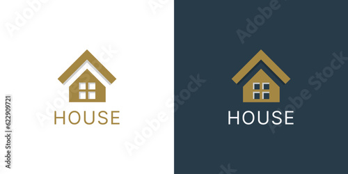 House Logo. Gold House Symbol Geometric Linear Style isolated on Double Background. Usable for Real Estate, Construction, Architecture and Building Logos. © Wahyu