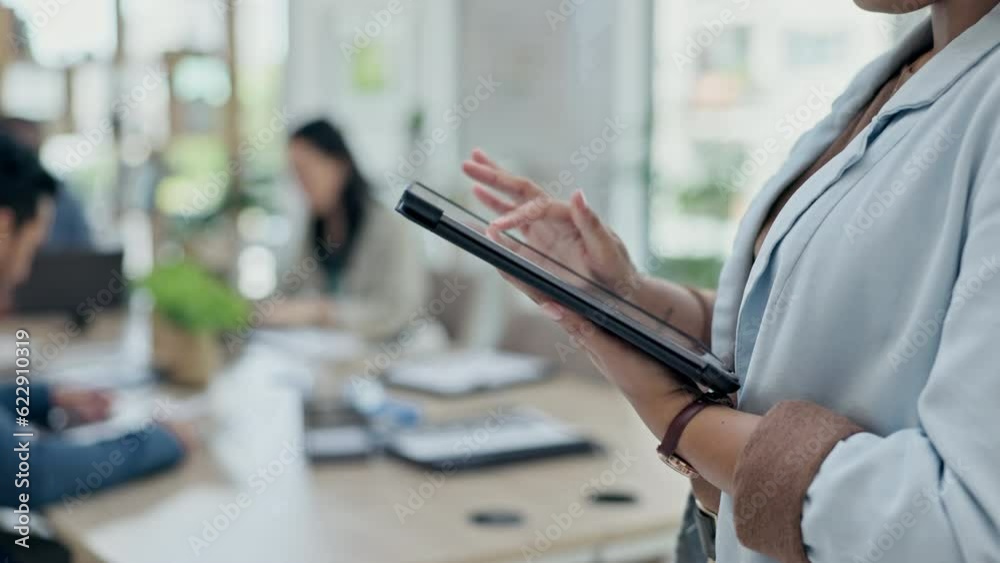 Business woman, hands and tablet in research, online browsing or project management at the office. Female person, employee or manager scrolling on technology for social media or data at the workplace