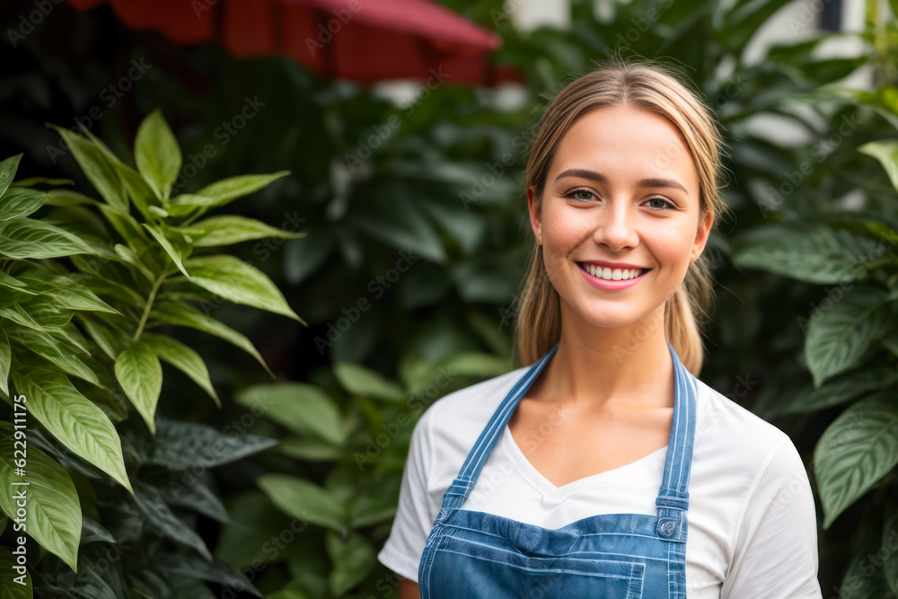 Portrait of a smiling happy scandinavian woman prepares bouquets of flowers in a small flower shop at early morning. Concept of biophilia lifestyle. Generative AI Portrait of a smiling happy scandinavian woman prepares bouquets of flowers in a small flower shop at early morning. Concept of biophilia lifestyle. Generative AI