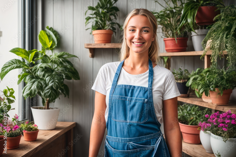 Portrait of a smiling happy scandinavian woman prepares bouquets of flowers in a small flower shop at early morning. Concept of biophilia lifestyle. Generative AI Portrait of a smiling happy scandinavian woman prepares bouquets of flowers in a small flower shop at early morning. Concept of biophilia lifestyle. Generative AI