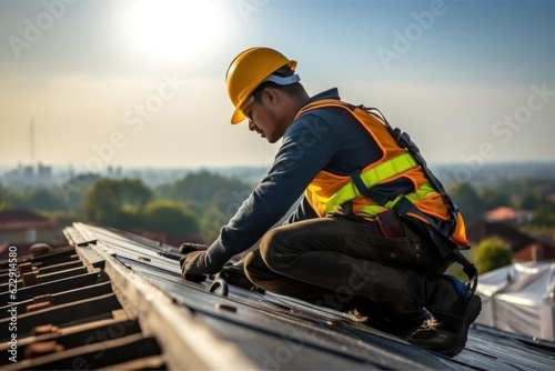 Photo A construction worker wears a seat belt while working on the roof structure of a building at a construction site