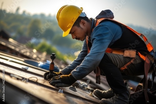 Wallpaper Mural A construction worker wears a seat belt while working on the roof structure of a building at a construction site. Install concrete roof tiles on the roof above. Torontodigital.ca