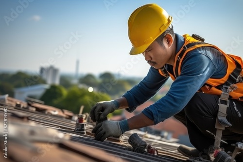 Wallpaper Mural A construction worker wears a seat belt while working on the roof structure of a building at a construction site. Install concrete roof tiles on the roof above. Torontodigital.ca